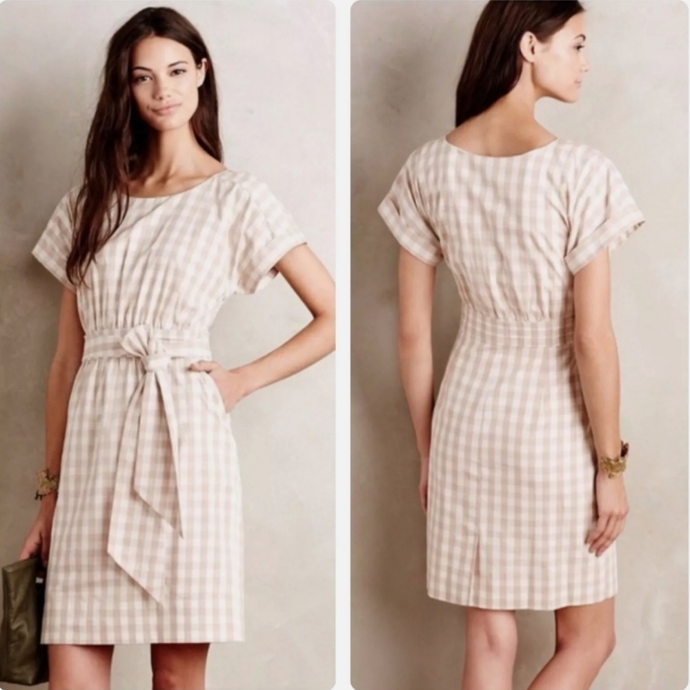 Anthropologie Beige and White Gingham Tie-Waist Dress